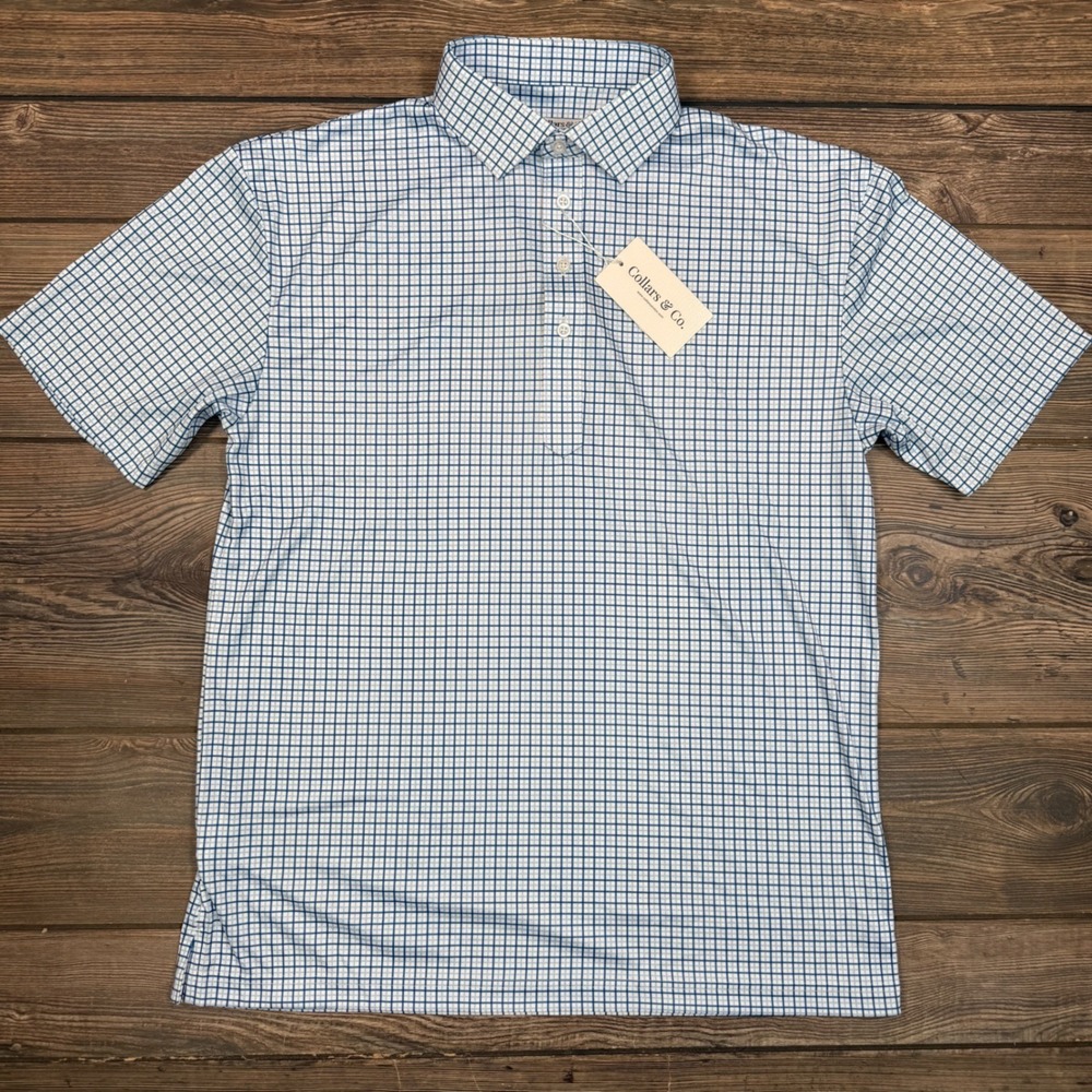 Collars & Co Mens LARGE Polo Shirt Blue White Tattersall Check Dress Collar NEW - Picture 4 of 10